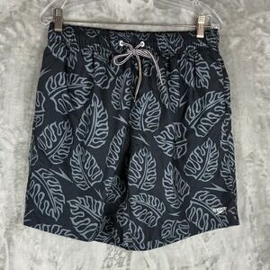 Speedo Mens Swim Trunks Medium Black Grey Tropical Monstera Leaf Print Shorts